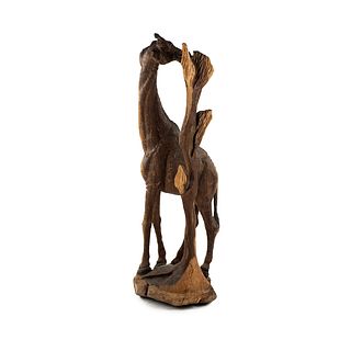 Large African Ironwood Carved Giraffe and Tree Sculpture