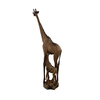 African Ironwood Carved Giraffe and Calf Sculpture