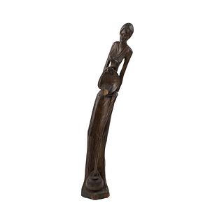 African Ironwood Carved Female with Bowl Sculpture