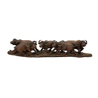 African Ironwood Carved Group of Cape Buffalo Sculpture