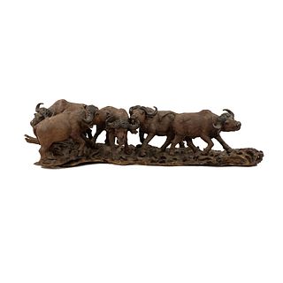 African Ironwood Carved Group of Cape Buffalo Sculpture