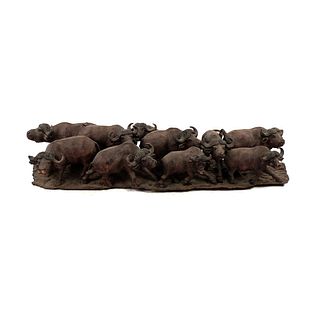 African Ironwood Carved Herd of Cape Buffalo Sculpture