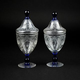 Apothecary Cobalt Blue Carved Glass Lidded Candy Urns