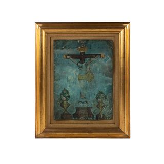 A 19th C Mexican Retablo Jesus Crucifixion Oil on Tin