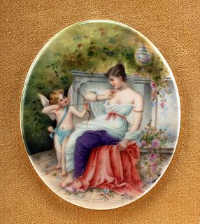 19th C. Austrian Porcelain Plaque Cherub & Woman