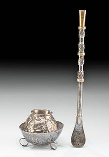 20th C. Argentinian Gilded Silver Bombilla & Stand