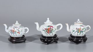 Three Chinese Famille Rose Enameled Porcelain Teapots