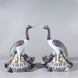 2 Chinese Blue & White Porcelain Cranes/Dragon Turtles