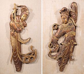 Two Framed Chinese Gilt Wood Beauties