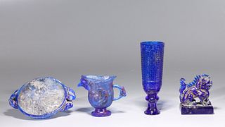 Group of Four Chinese Blue Glass Objects