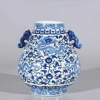 Chinese Blue & White Porcelain Dragon Vase
