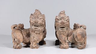 Pair of Chinese Wooden Lion Statues