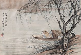 Chinese Ink and Color on Paper - Fisherman in Boat