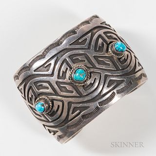 Large Hopi Silver and Turquoise Cuff Bracelet