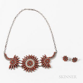 Zuni Coral Needlepoint Necklace and Earrings