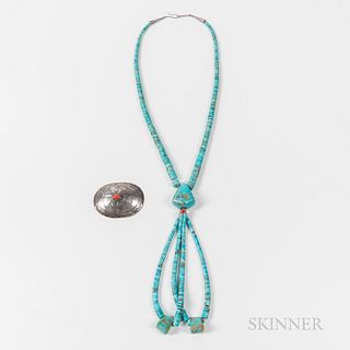 Silver and Coral Concha, and Turquoise Necklace