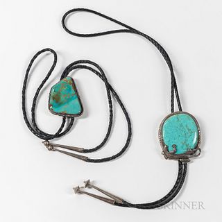 Two Navajo Silver and Turquoise Bolo Ties