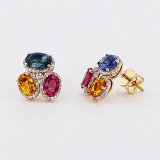 Multicolor Sapphire & Diamond 14K Yellow Gold Earrings