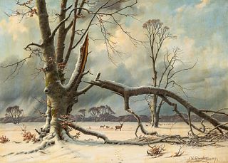 Nils Hans Christiansen (Danish, 1850-1922), Winter Landscape with Deer.