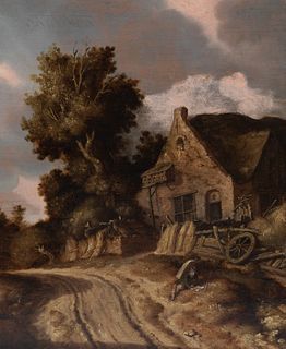 Dutch School, 19th Century, Cart Path with Resting Figure Reading in Front of a Cottage.
