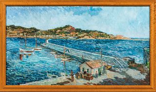 Kurt Sluizer (American, 1911-1988), Sunny Inlet with a Long Pier.