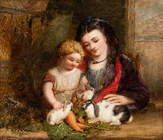 British School, 19th Century, Woman and a Girl Playing with Rabbits.