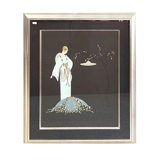 Large Erte Embossed Lithograph Of Lady By Tree