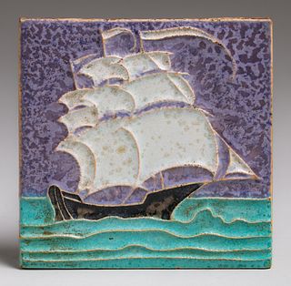 Arts & Crafts Galleon Ship Tile c1910s