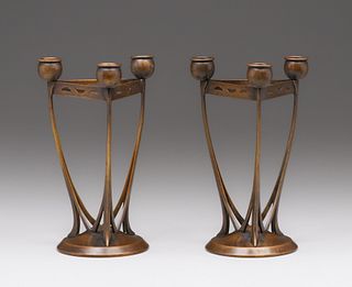 Pair German Secessionist Brass Triple Candlesticks c1905