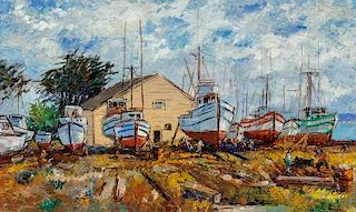 Michele Cascella (Italian, 1892-1989) Portofino Boat Works Oil on canvas