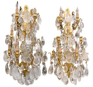 Pair of Large French Rock Crystal and Gilt Bronze Sconces, having nine lights each with bronze frame, along with nine arms hung with rock crystal pear