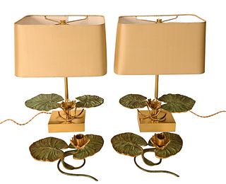 Four Piece Maison Charles Lily Pad Group, to include a pair of brass lily pad lamps having silk shades, along with a pair of matching candlesticks, si