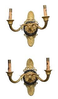 Pair of French Empire Gilt Bronze Wall Sconces, having two arms with acanthus wall plate, height 8 inches, width 9 inches.