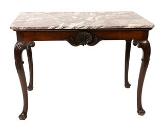 George II Mahogany Pier Table, having marble top over center shell carving, set on four shell carved cabriole legs ending in pad feet, 18th century, h