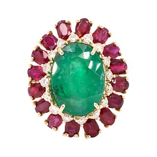 15.7ctw Emerald, Rubies & Diamonds 18k Gold Ring