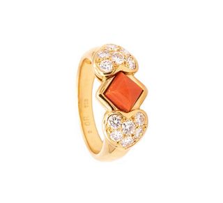 Christian Dior 18k gold ring with 1.96 Ctw in diamonds & coral