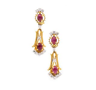 Drop earrings in 18 kt yellow gold with 5.98 Ctw in diamonds & rubies