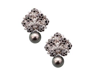 Italian earring in 18k gold with diamonds & Tahitian pearls