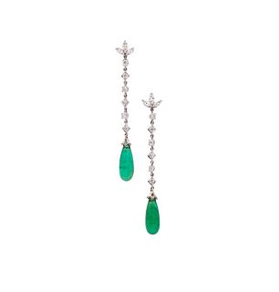 8.20 Ctw Emeralds & Diamonds 18k Drop Earrings