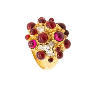 13.06 Cts in diamonds and garnets French Space-Age cocktail 18k Ring