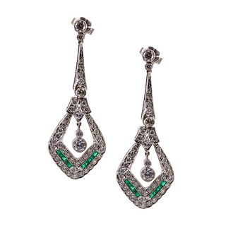 Diamonds & Emeralds dangle Platinum Earrings