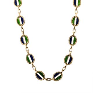 18k Gold, blue, green enamel link Italian Necklace