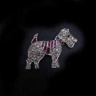 Art Deco Diamonds, Rubies Platinum Dog Brooch