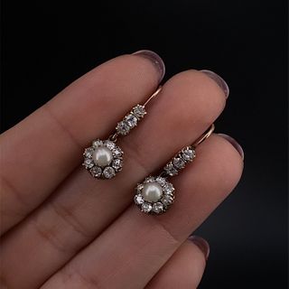 Victorian 18k Gold Pearl & Diamonds Rosetta Earring
