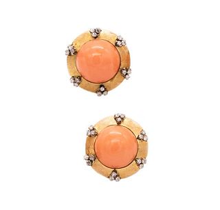 Mid-century Coral & Diamonds 18k Gold Earrings