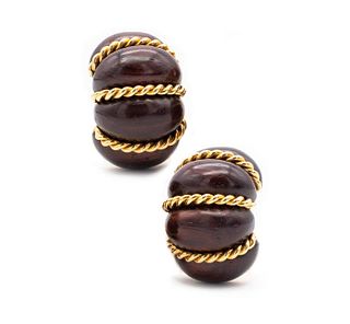 Seaman Schepps 18 kt gold fluted clip-earrings with carvings of rose wood