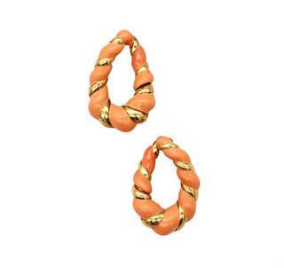 French clip-earrings in solid 18 kt yellow gold with coral enamel