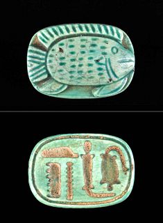 Egyptian Faience Fish Scaraboid w/ Hieroglyphs