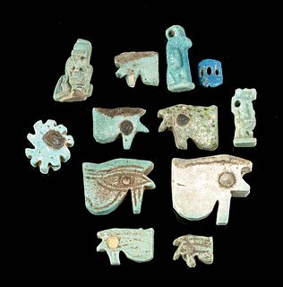 12 Egyptian Faience Amulets - Wadjets & Deities