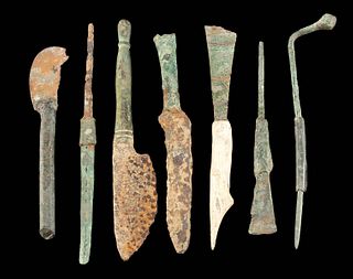 7 Roman Bronze, Brass, Bone, & Iron Medical Tools